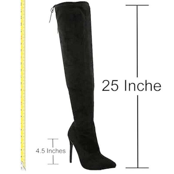🖤 Statement Style Pointed Toe Thigh-High Silhouette Black SU Stiletto Boots - Picture 6 of 7